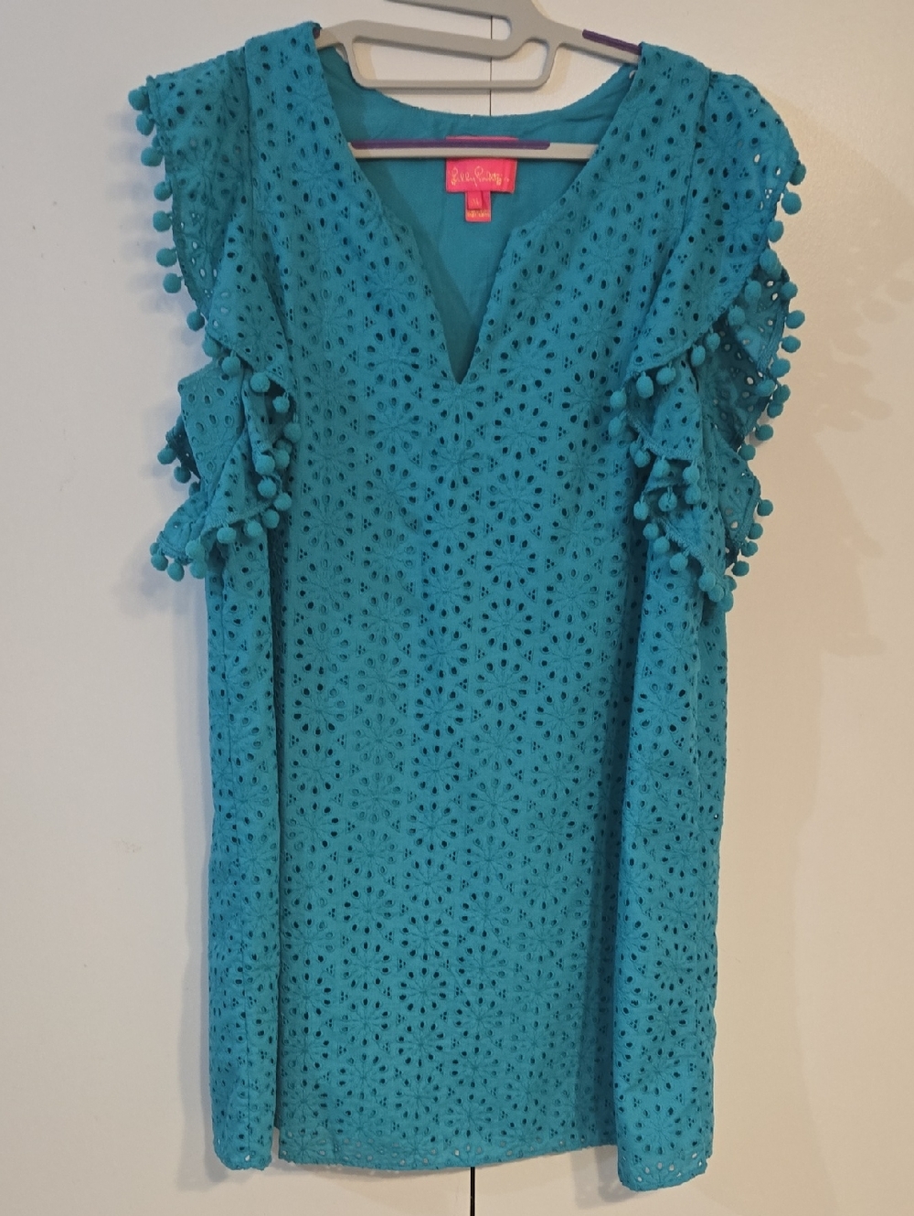 Lilly Pulitzer Turquoise Eyelet Mini Dress with Pom Trim